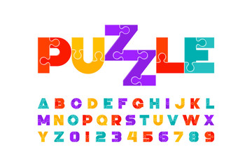 Puzzle font, colorful jigsaw puzzle alphabet letters and numbers