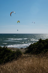 Vertical view from the sand dunes of kitesurfing under a bright sun on a blue sky.