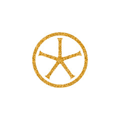 Bicycle wheel icon in gold glitter texture. Sparkle luxury style vector illustration.