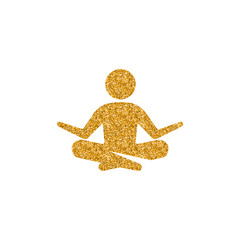 Meditation icon in gold glitter texture. Sparkle luxury style vector illustration.