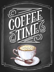 Untitled-Coffee time vintage hand lettering on black chalkboard background with cup draft etching sketch. Vector cafe illustration.