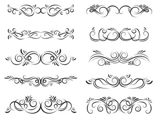 Calligraphic design elements. Dividers, borders and swirls. Set of curls and scrolls for wall decoration, books, cards and tattoos. Swirls Vector Illustration.