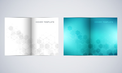 Vector covers or brochure for medicine, science and digital technology. Geometric abstract background with hexagons pattern. Molecular structure and chemical compounds.