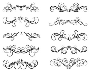 Calligraphic design elements. Dividers and borders. Set of curls and scrolls for wall decoration, books, cards and tattoos. Swirls Vector Illustration.