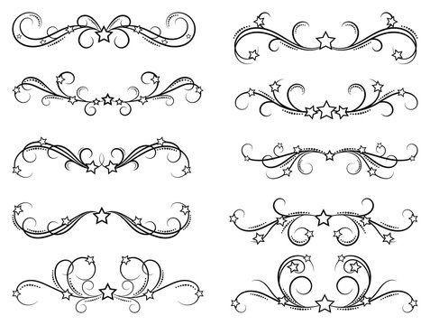 Dividers with stars. Decorative design border elements for frames and books. Elegant swirl vector illustration. 