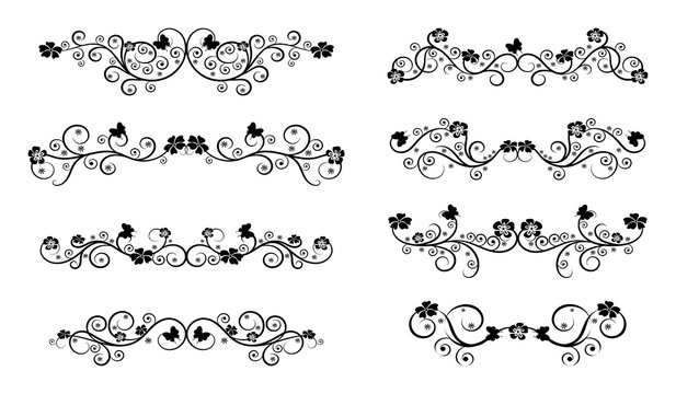 Floral vintage swirl set. Abstract black and white ornate curls and scrolls. Vector illustration with flowers and butterflies. 