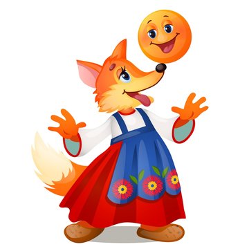 Fox in traditional Russian dress, and a smiling the bun isolated on white background. Characters of Russian fairy tales. Vector cartoon close-up illustration.