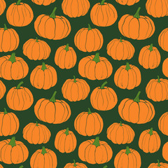 Pumpkins pattern. Autumn seamless vector pattern with hand drawn pumpkins on green background.