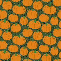 Pumpkins pattern with terrazzo background - green version. Autumn seamless vector pattern with hand drawn pumpkins.
