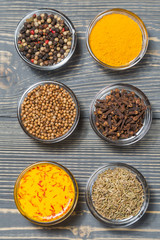 Spices for making curry sauce on a dark background. 