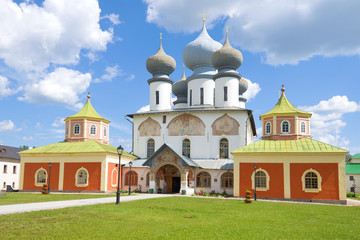 Fototapeta na wymiar Cathedral of the Assumption of the Blessed Virgin Mary close-up on a sunny July day. Tikhvin Assumption Monastery, Russia
