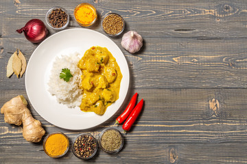 Chicken curry with rice on a dark background. The view from the top. Copy-space.