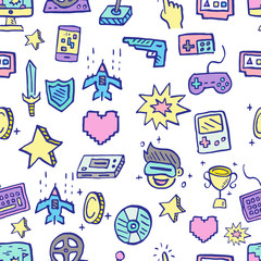 video game doodle seamless pattern