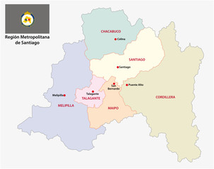 Santiago Metropolitan Region administrative and political vector map with flag