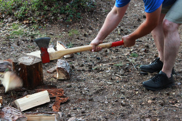 man in the woods stabbing firewood with an ax.