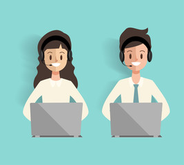 call center character with headset phone to communication online service.