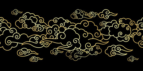 Seamless border with Golden Chinese clouds different shapes on a black background. Template for oriental art decoration.  - 214431178