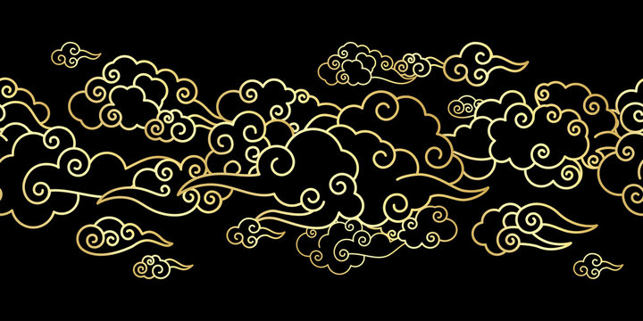 Seamless border with Golden Chinese clouds different shapes on a black background. Template for oriental art decoration. 