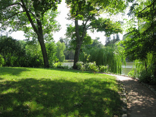 The lawn is in the shade, with a thick green grass around which the path goes. Behind the trees is a pond...