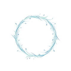 blue round wreath from grass, twigs and lilac flowers isolated on white background.