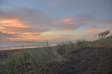 Muriwai Beach im Abendrot hinter den Dünen