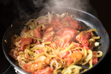steaming mixed vegetables in the wok, vegetarian and healthy, selected focus, narrow depth of field