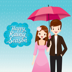Couple Under Umbrella Together In The Rain, They Happy Rainy Season