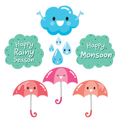 Cartoon Character Of Cloud, Umbrella And Raindrop