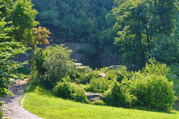A picturesque landscape of nature with large boulders lying among the bushes next to the stony wall and trees growing on it.