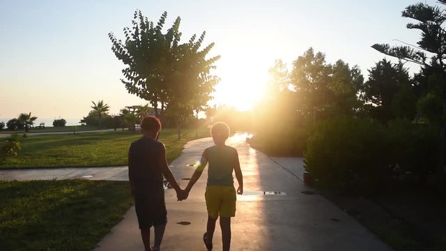 Twins brother walked ahead on sunset time and holding each other hand. Children going out between trees. Best friends. Capture with beatiful light shooted in july 2018