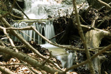 A view on small waterfalls on small brook in the middle of forest