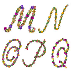 Set of floral elements alphabet letters M, N, O, P, Q, made with leaves and orchids flowers