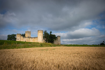 Chateau de Budos and wheat field in summer , Bordeaux, Gironde