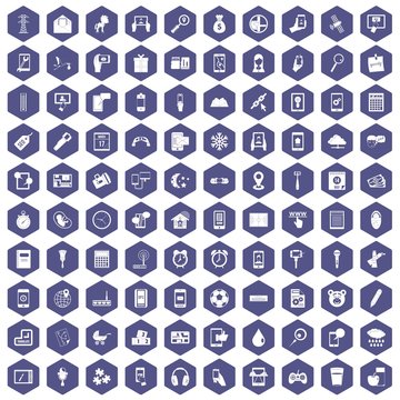 100 mobile app icons set in purple hexagon isolated vector illustration