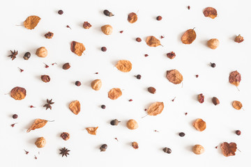 Pattern made of autumn things on white background. Autumn, fall concept. Flat lay, top view