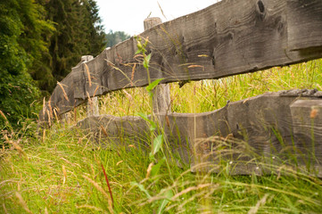 Wooden fence in the Alps near to the forest. A wooden fence in Beautiful green grass meadow. Colorful scenic summer background