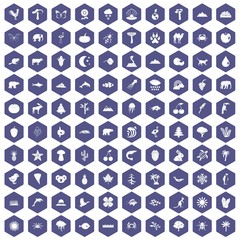 100 nature icons set in purple hexagon isolated vector illustration