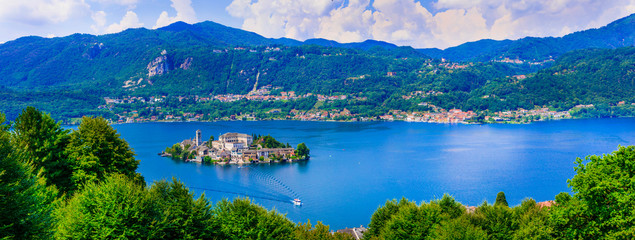 Beautiful lakes of Italy - lago d'Orta and small pictorial island Orta san Giulio. Piedmont.