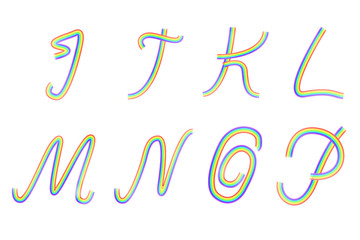 Set of rainbow latin alphabet letters I, J, K, L, M, N, O, P.