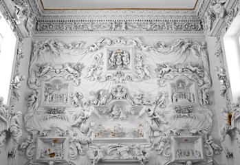 Wide angle view of the interior stucco of the Oratory (Oratorio) di Santa Cita, Palermo Sicily Italy