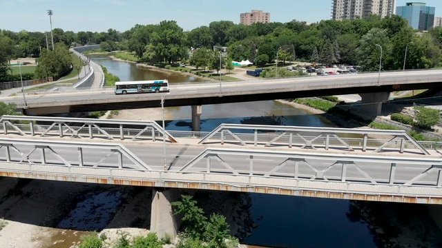 Light Traffic on bridges at the fork of the Thames River in London, Ontario, Canada.
