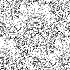 Monochrome Seamless Pattern with Floral Motifs. Endless Texture with Flowers, Leaves etc. Natural Background in Doodle Line Style. Coloring Book Page. Vector Contour Illustration. Abstract Art