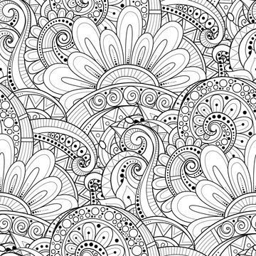 Monochrome Seamless Pattern with Floral Motifs. Endless Texture with Flowers, Leaves etc. Natural Background in Doodle Line Style. Coloring Book Page. Vector Contour Illustration. Abstract Art
