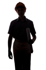 silhouette of male engineer with building project, man in formal suit and helmet on white isolated background