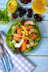 Salmon and prawn summer salad top view