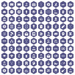 100 philanthropy icons set in purple hexagon isolated vector illustration
