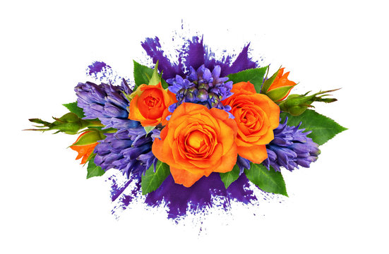 Orange roses and hyacinth flowers in a floral arrangement
