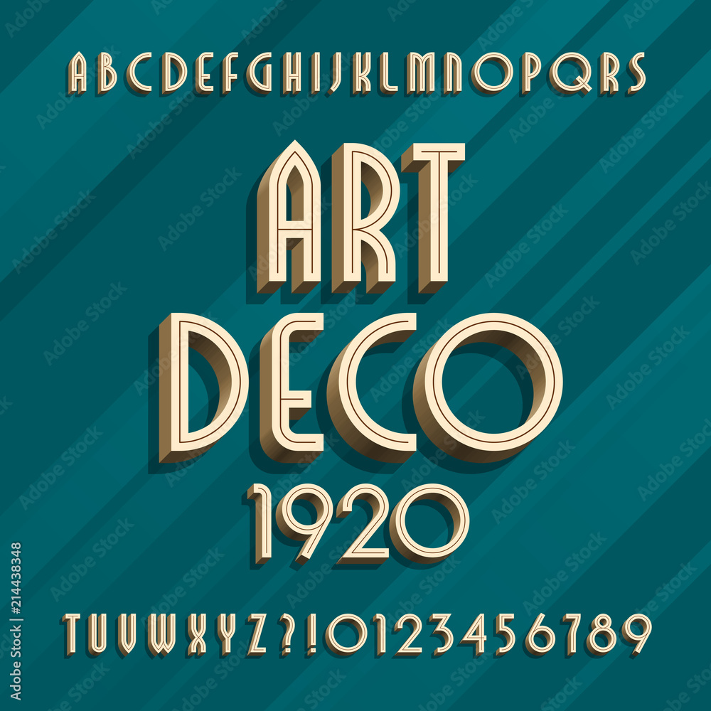 Fototapete art deco alphabet typeface. 3d effect type letters and numbers. vector font for your design.