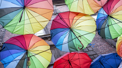 Street Decorated With Rainbow Color Umbrellas, Istanbul, Turkey
