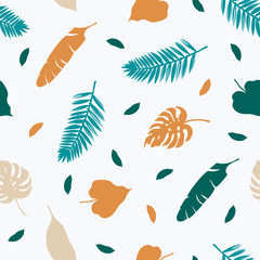 Seamless pattern with tropical leaves. Banana, palm, hibiscus, monster. Vector illustration.
